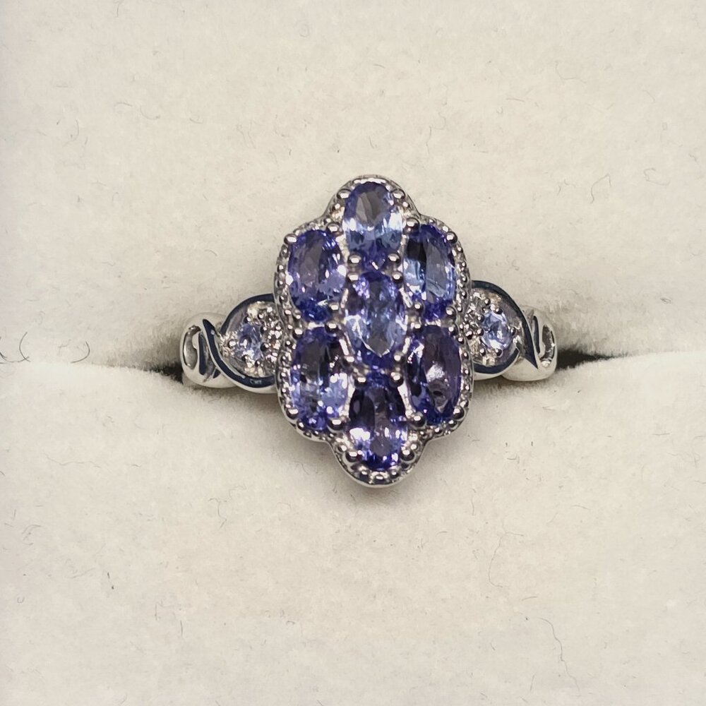 Tanzanite & White Zircon cluster ring in Rhodium over 925SS size 6 1.65 cts